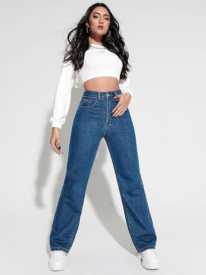 Women's & Girls' Solid Denim High Waist Wide Leg Jeans Pants