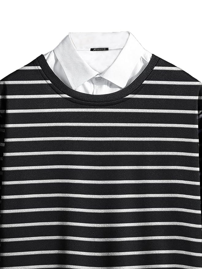 Mens Striped Polo Neck Full Sleeve Black and White Cottonblend Slim Fit T-Shirt