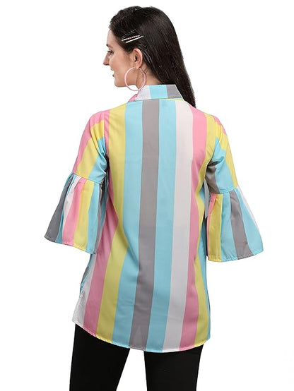 Women's Casual Bell Sleeves Colour Block Women's Multicolour Top