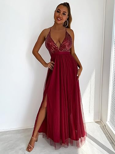 Sequin Prom Dresses with Slit Spaghetti Strap Backless Tulle Evening Gowns Sleeveless V-Neck Women Long Dress