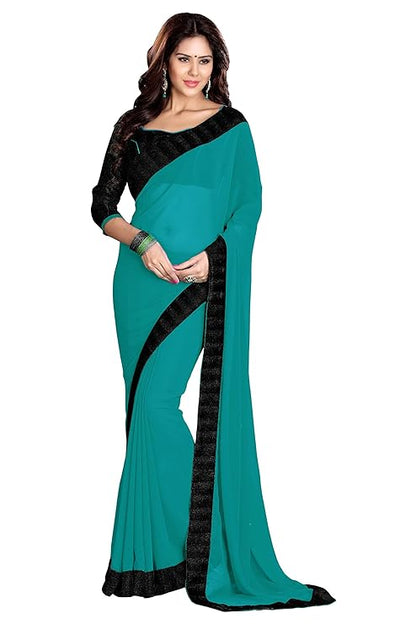 SOURBH Women's Faux Georgette Solid Contrast Lace Border Sari with Blouse Saree