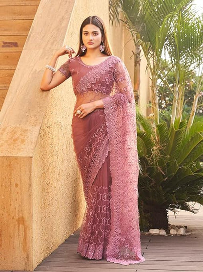 Women's Embroidered Net Saree with Faux Diamonds