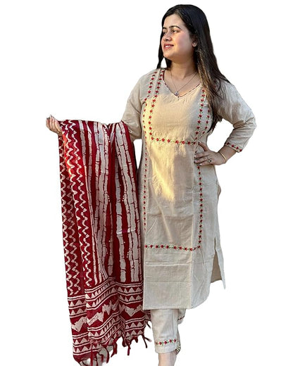 Women's Cotton Blend Straight Embroidered Kurta with Pant & Dupatta