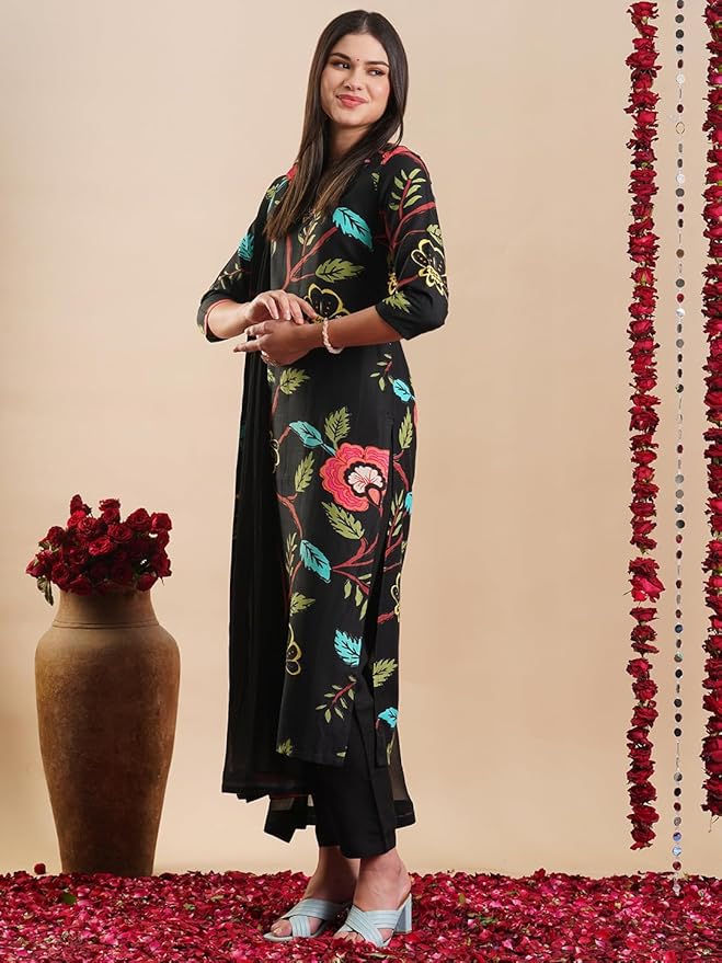 Women's Rayon Blend Straight Printed Kurta with Pant & Dupatta