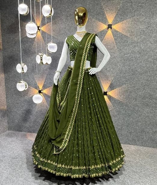 Women's Georgette Semi-stitched Green Lehenga Choli