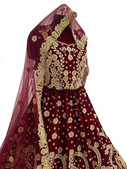 Velvet Floral Print Semi Stitched Wedding Bridal Latest Lehenga For Women