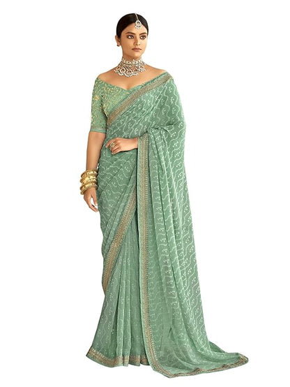 Women's Bandhani Printed & Embroidery Work In Lace Georgette Saree