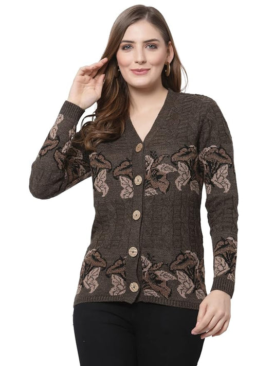 Winter Woolen Acrylic Full Sleeves V Neck Floral Design Cardigan Sweater