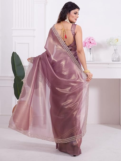 AKHILAM Women's Organza Solid Embellished Saree