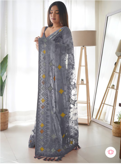 Saree mall Grey & Yellow Ethnic Motifs Embroidered Net Saree