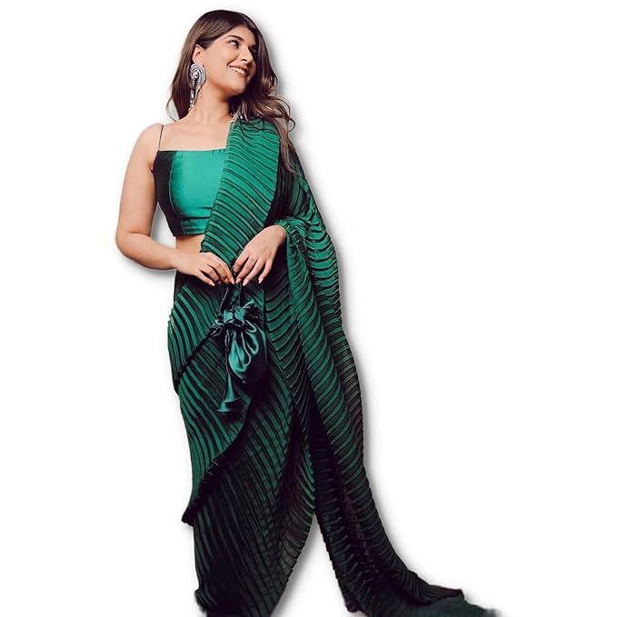 Women's Full Crushed/Pleated Satin Saree With Unstitched Blouse Piece