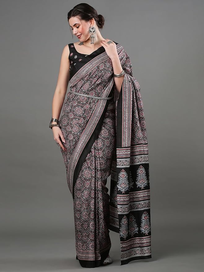 Women's Ajrak Block Print Dola Silk Saree With Unstitched Blouse Piece