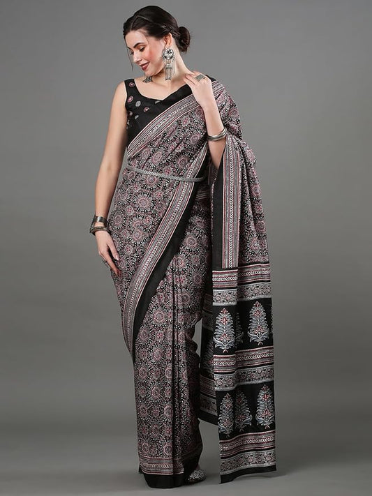 Women's Ajrak Block Print Dola Silk Saree With Unstitched Blouse Piece