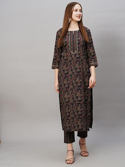 ANNI DESIGNER Women's Cotton Blend Printed Straight Kurta with Pant