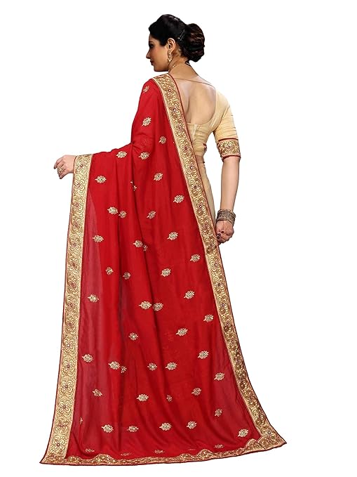 Viluchi Women's Vichitra Silk Half & Half Embroidered Saree Rajvee-New