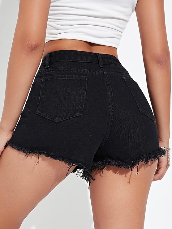 Aahwan Solid High Waist Ripped Raw Trim Denim Shorts Casual Summer Shorts for Women's & Girls