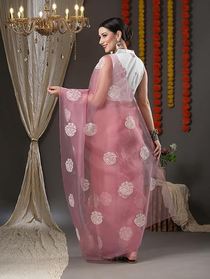 Women's Embroidered Work Organza Saree With Unstitched Blouse Piece