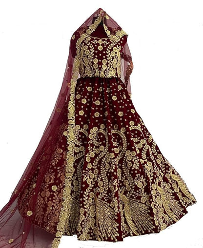 Velvet Floral Print Semi Stitched Wedding Bridal Latest Lehenga For Women