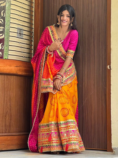 Orange & Pink Printed & Embroidered Pure Chiffon Bandhani Saree