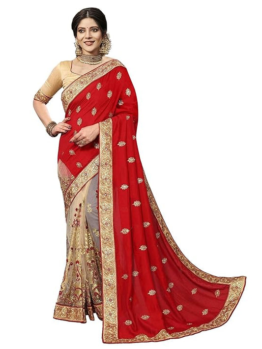 Viluchi Women's Vichitra Silk Half & Half Embroidered Saree Rajvee-New