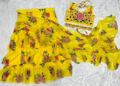 RANGOLI ART Womens And Girls yellow Lahengha Saree Silk Fabric With Digital Print With 3 Layer Ruffle With Belt Ruffle Ready to Wear Saree (FULL-STICHED