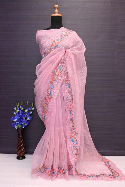 Organza Silk Fabric Saree With Embroidery Thread Sequins Work Bollywood Saree