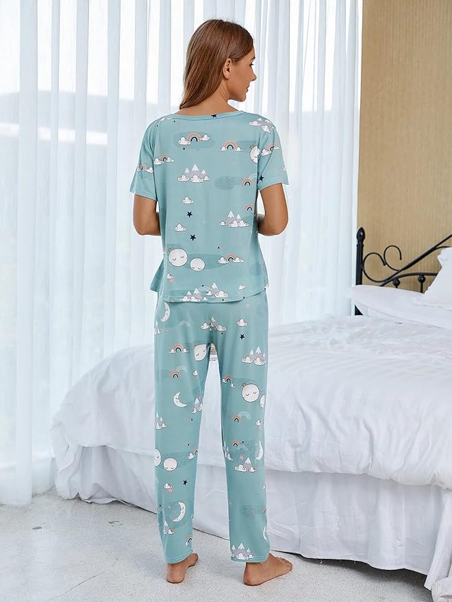 Printed Round Neck Short Sleeve Nightsuit Set