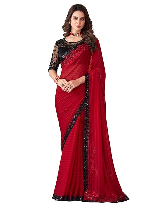 Women's And Girls Embroidery Lace & Sequence Embroidery Chiffon Saree With Unstitched Blouse Piece