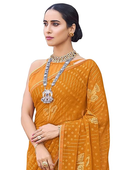 Foil Printed Lace Boarder Chiffon Saree with Unstitched Blouse Piece