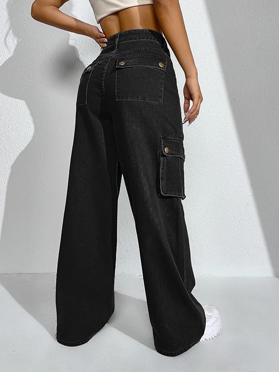 Women's Solid High Rise Relaxed Fit Cargo Jeans