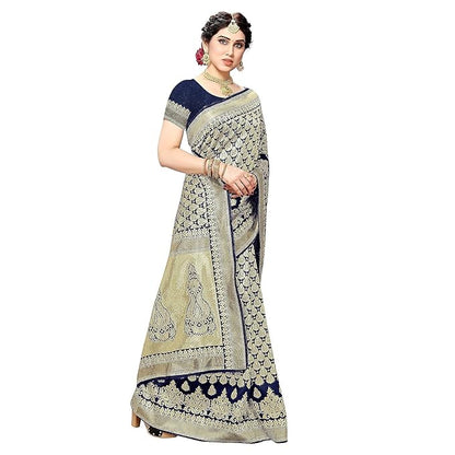 Women's Trendy Banarasi Kanjivaram Navy Color Art Silk Saree with Blouse Material