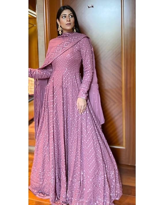 Omkar Textile's Designer Light Purple Gown with Dupatta Set