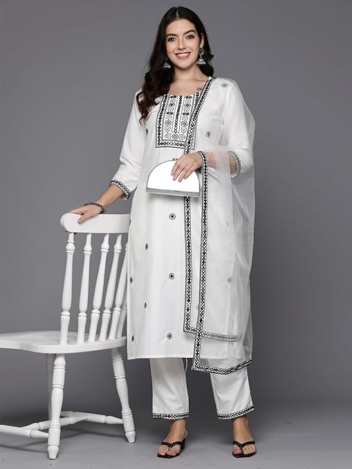 INDO ERA Silk Blend Women's Embroidered Straight Kurta Pant With Dupatta Set