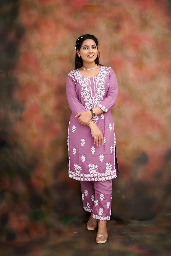 Women's Cotton Blend Lucknowi Embroidered Chikankari Straight Kurta with Pant Set