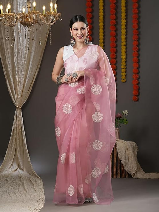 Women's Embroidered Work Organza Saree With Unstitched Blouse Piece