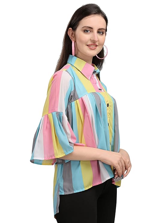 Women's Casual Bell Sleeves Colour Block Women's Multicolour Top