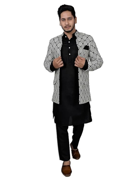 Amzira Men's Jacquard Casual Regular Printed Full Sleeve Knee Length Kurta Pyjama With Long Koti Jacket/Waistcoat 3 Piece Ethnic Wear Set