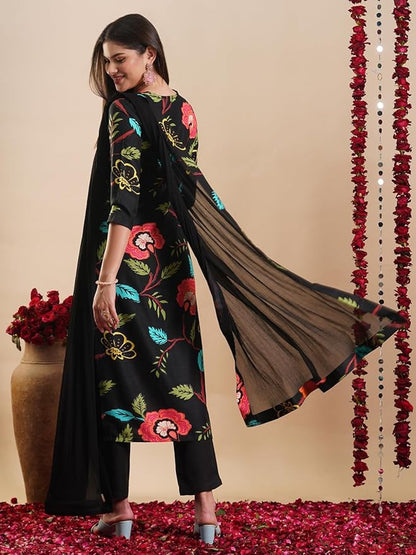 Women's Rayon Blend Straight Printed Kurta with Pant & Dupatta