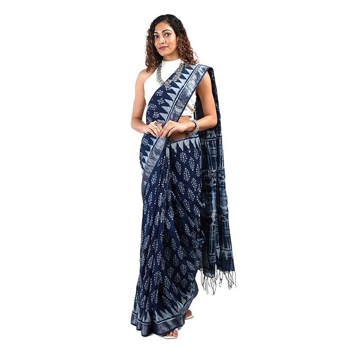 Block Print Linen Cotton Saree With Blouse Piece