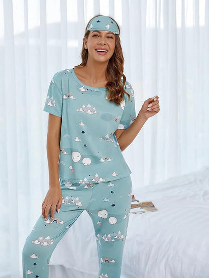 Printed Round Neck Short Sleeve Nightsuit Set