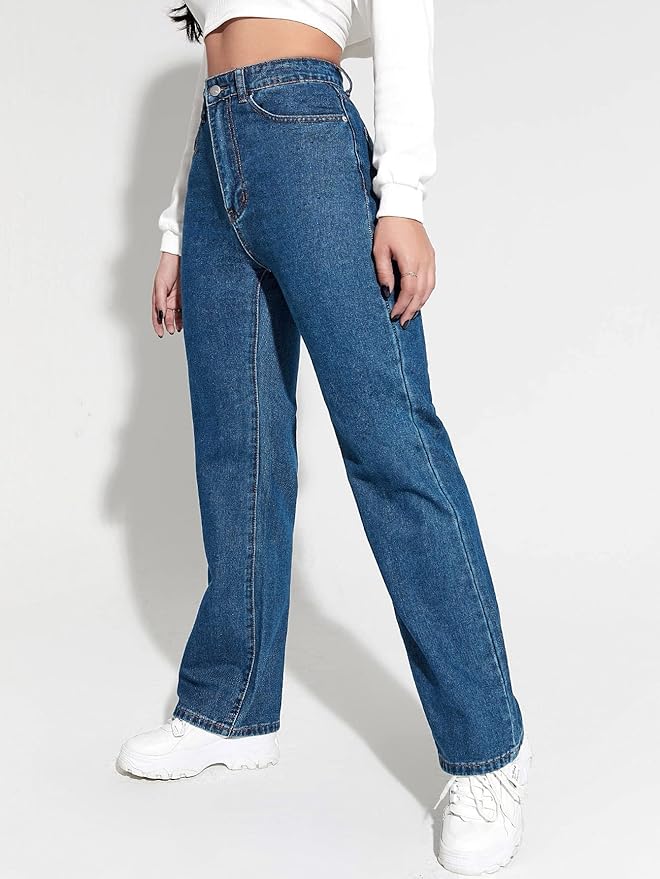 Women's & Girls' Solid Denim High Waist Wide Leg Jeans Pants