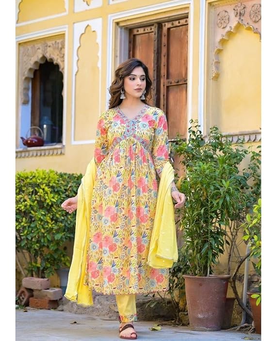 Women Rayon Aliya Cut Kurta Pant and Dupatta Set (Yellow )