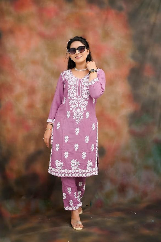 Women's Cotton Blend Lucknowi Embroidered Chikankari Straight Kurta with Pant Set