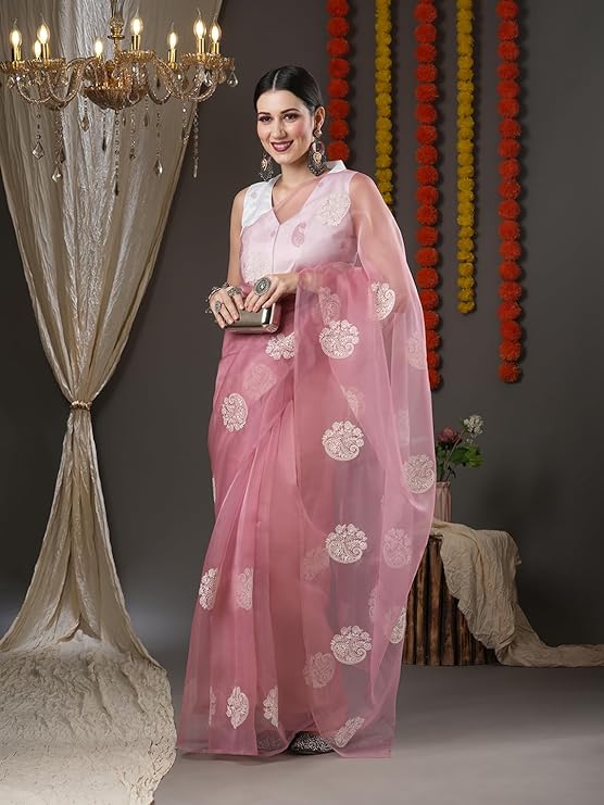 Women's Embroidered Work Organza Saree With Unstitched Blouse Piece