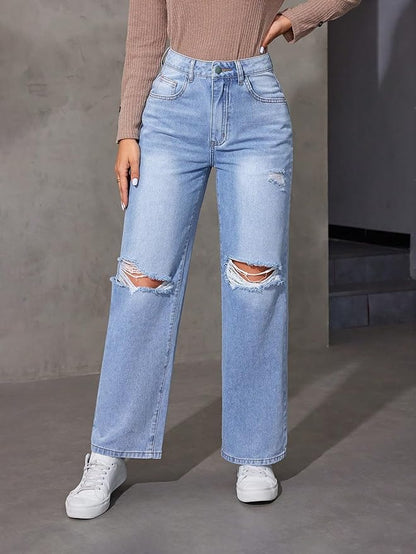 Women Wide Leg High Waist Distress Ice Blue Jeans Pant Jeans