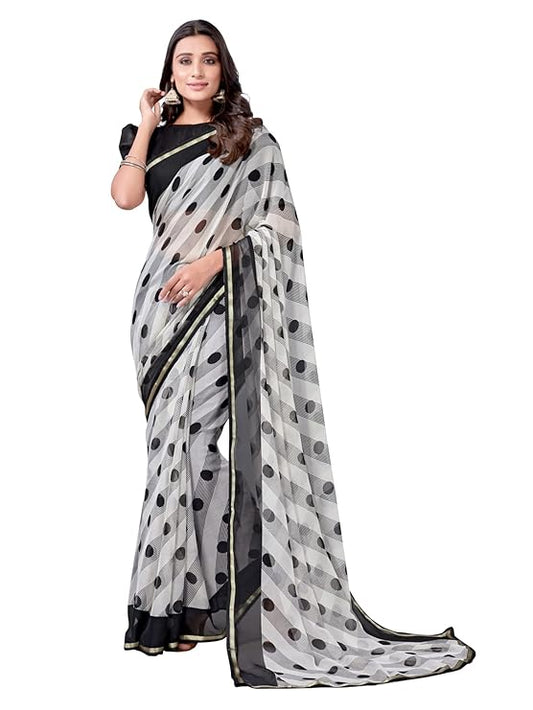 Women's Lace & Printed Chiffon Saree with Unstitched Blouse Piece