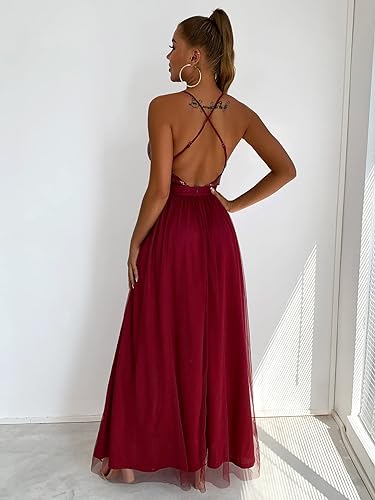 Sequin Prom Dresses with Slit Spaghetti Strap Backless Tulle Evening Gowns Sleeveless V-Neck Women Long Dress