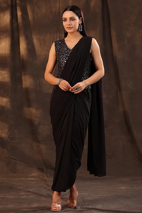 Women's Ankle Length Ready Pleated Saree Dress