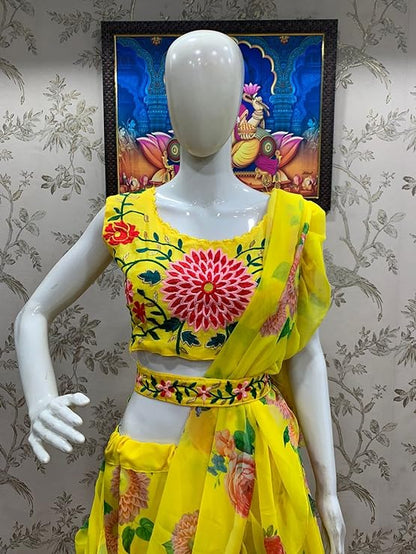 RANGOLI ART Womens And Girls yellow Lahengha Saree Silk Fabric With Digital Print With 3 Layer Ruffle With Belt Ruffle Ready to Wear Saree (FULL-STICHED