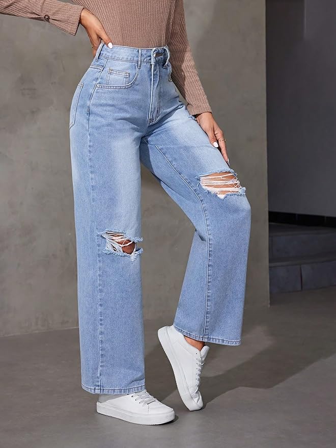 Women Wide Leg High Waist Distress Ice Blue Jeans Pant Jeans